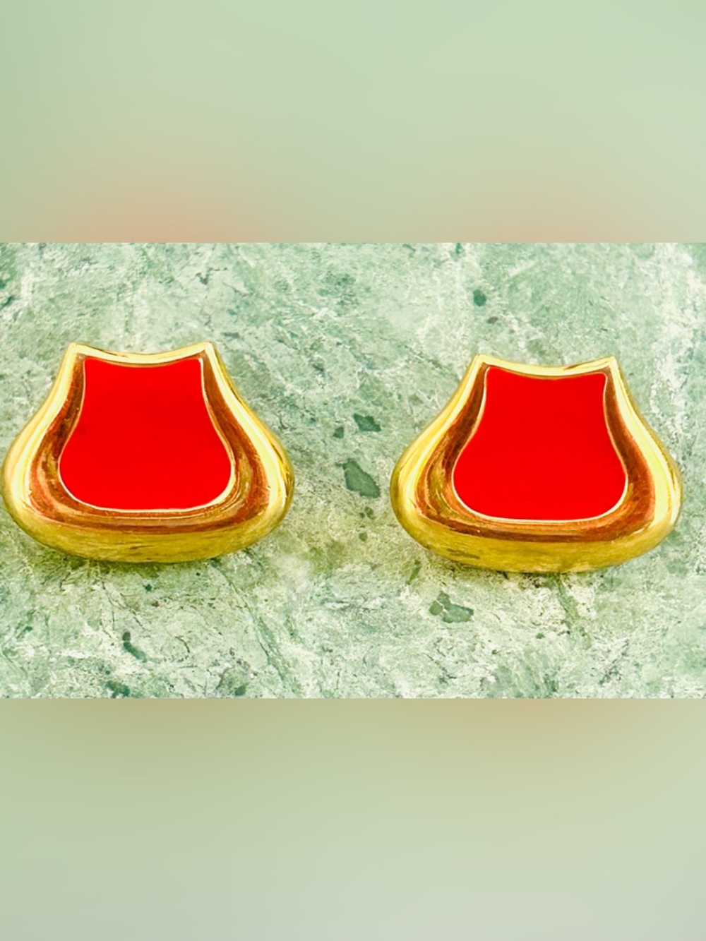 Vintage Monet Red Enamel Gold Tone Clip-OnEarrings 70- 80s Statement